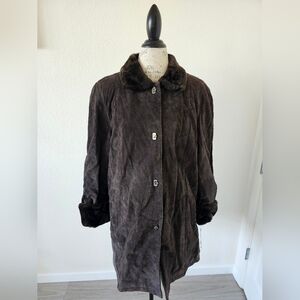 Gallery Dark Brown Suede Faux Fur Long Jacket Size L New With Tags